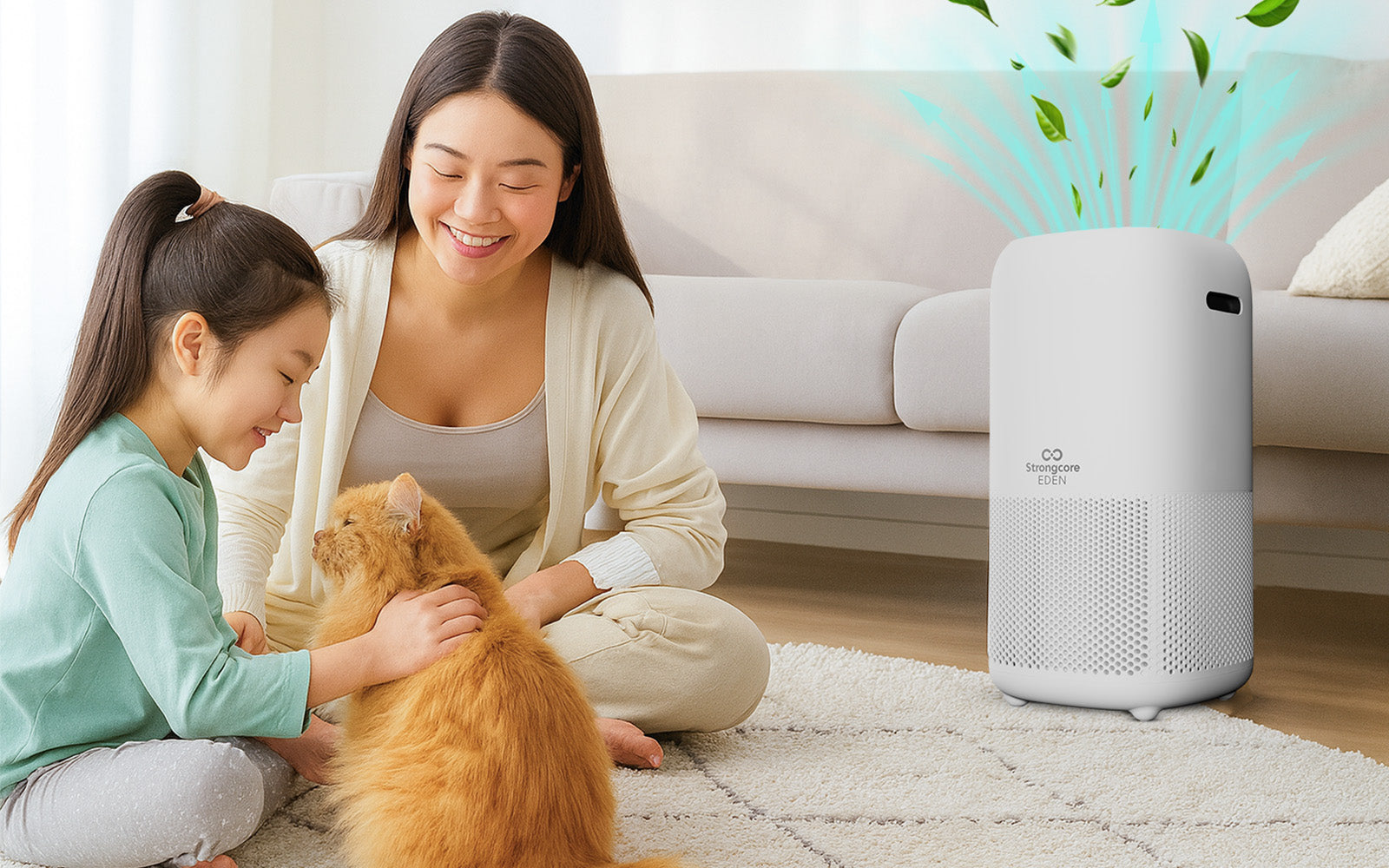 Living room setup showing why Strongcore ZEN and EDEN are the ideal purifiers for pet owners with pets lounging comfortably.