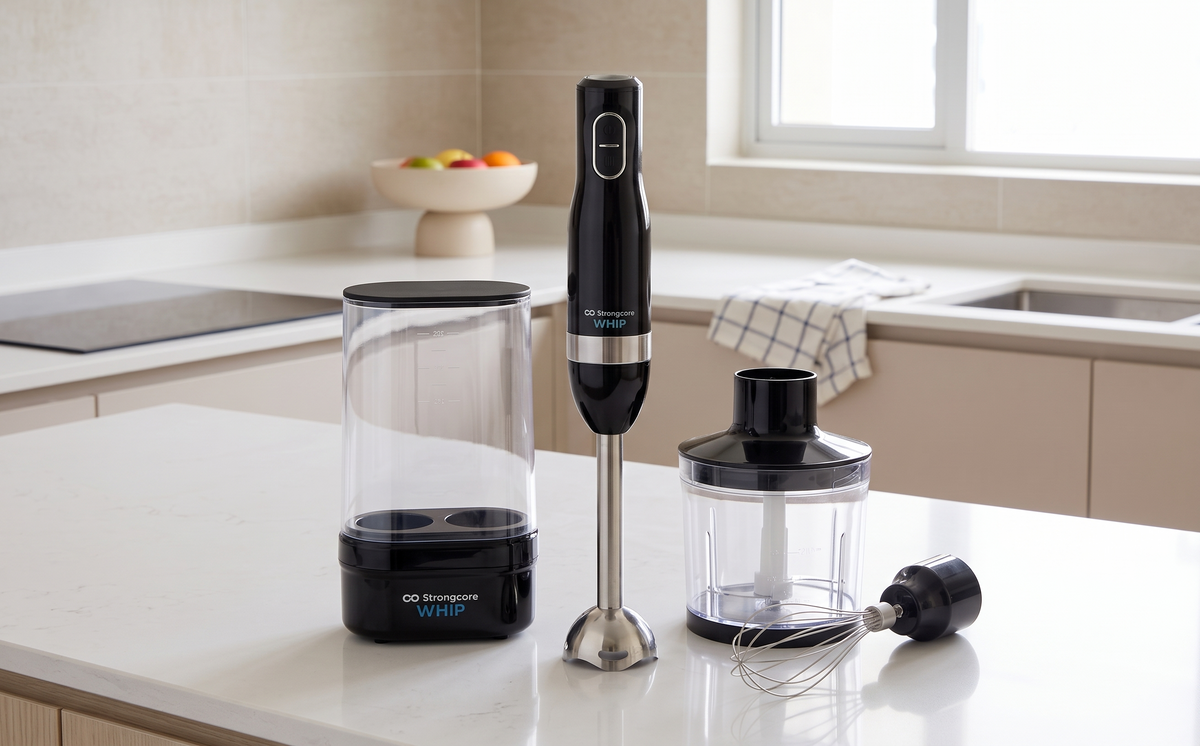 Overcrowded HDB kitchen cabinet holding a blender jug, chopper bowl and electric whisk before switching to a 3-in-1 hand blender