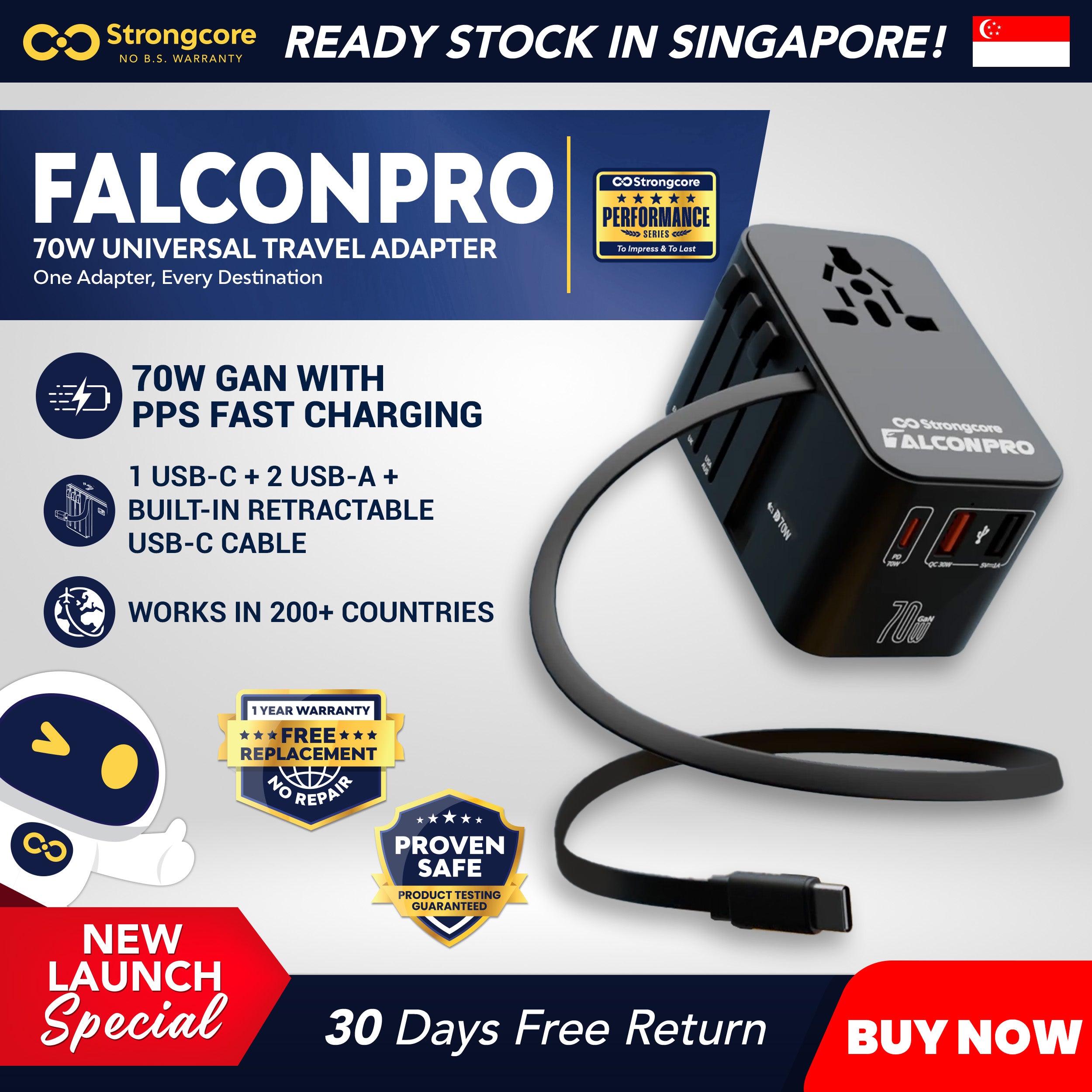 FalconPro 70W GaN Universal Travel Adapter - PPS Fast Charging