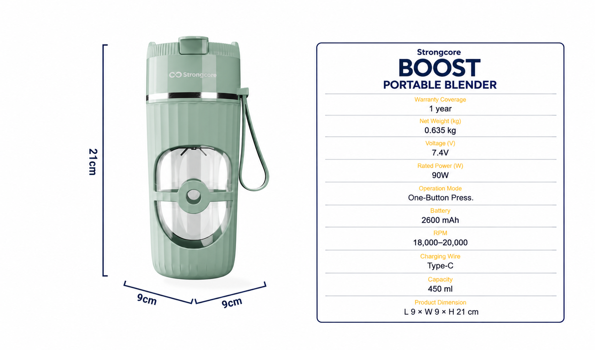BOOST portable blender dimensions and corrected technical specifications