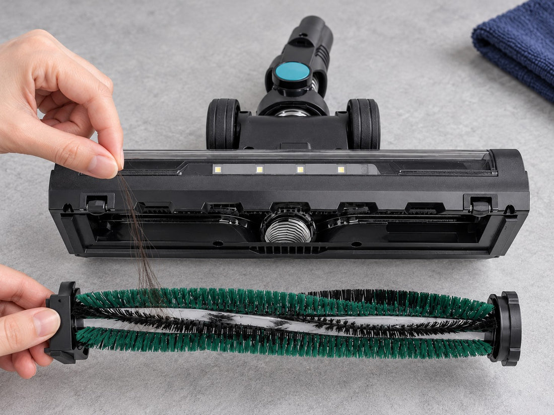 CLEAN's single brush roller fully removed and held clear of the empty floor head while hair is lifted away.