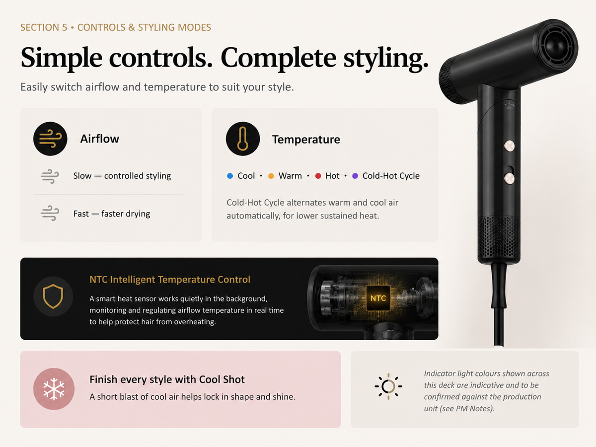 Simple controls. Complete styling. Slow and fast airflow; Cool, Warm, Hot and Cold-Hot Cycle temperatures; NTC intelligent temperature control; finish with Cool Shot. Indicator light: blue = cool, yellow = warm, red = hot.
