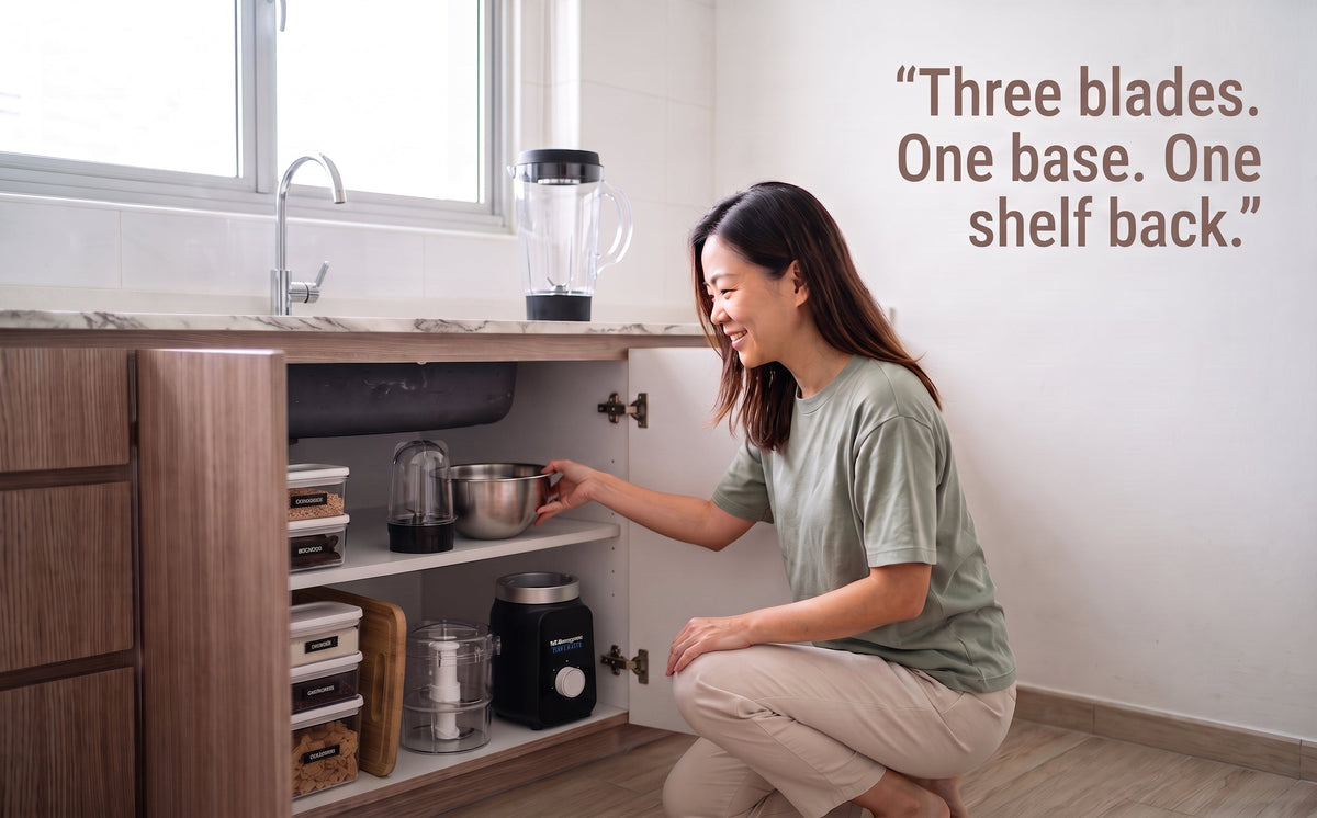 Woman clearing three separate kitchen appliances from an HDB cabinet after switching to one 3-in-1 food processor