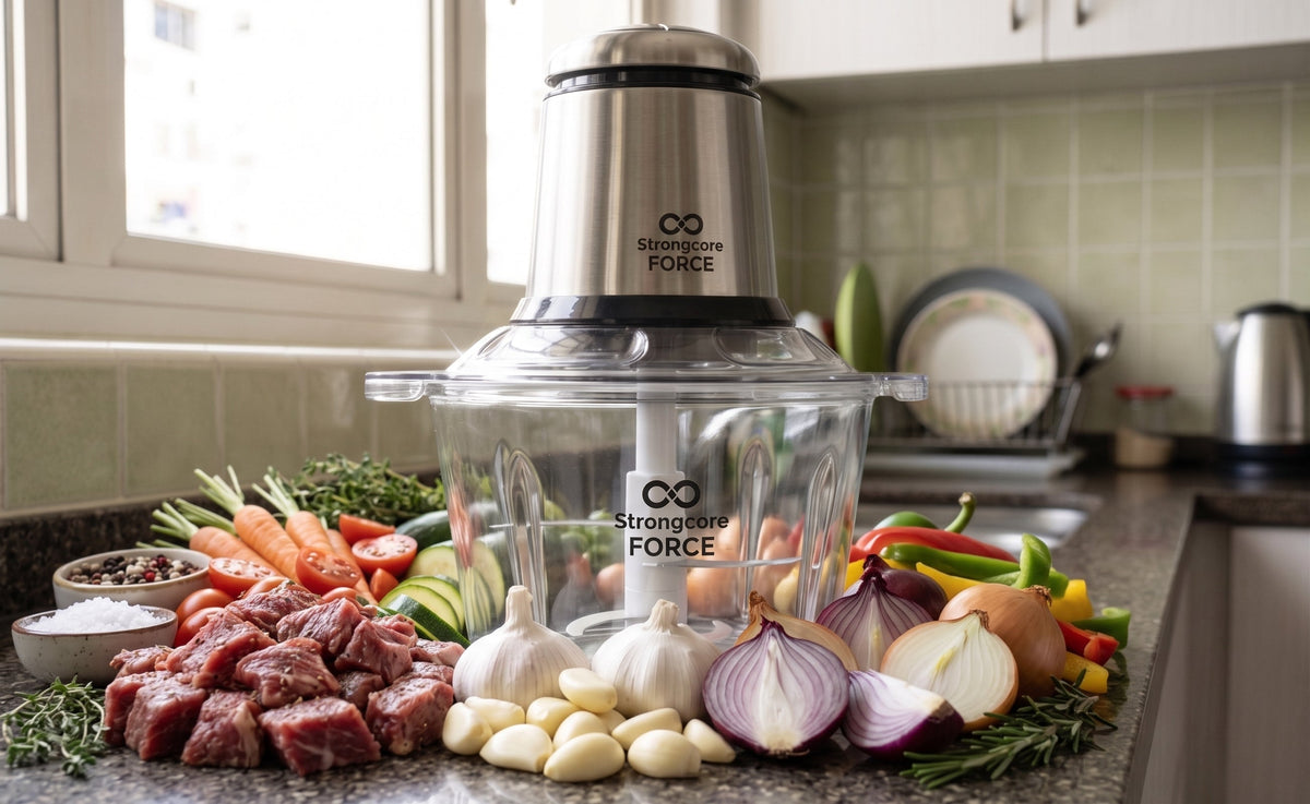Strongcore FORCE food processor with clear 2L glass bowl on a Singapore kitchen counter