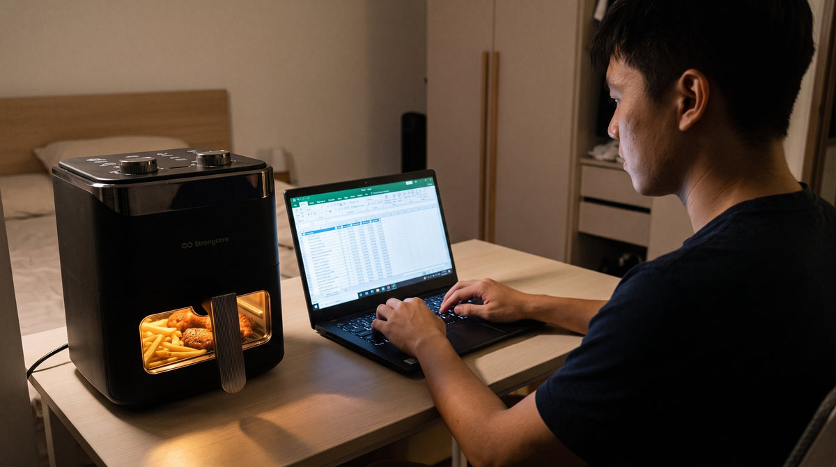 Strongcore COMPACT 3.5L air fryer cooking on a study desk beside a laptop in a Singapore HDB rental room