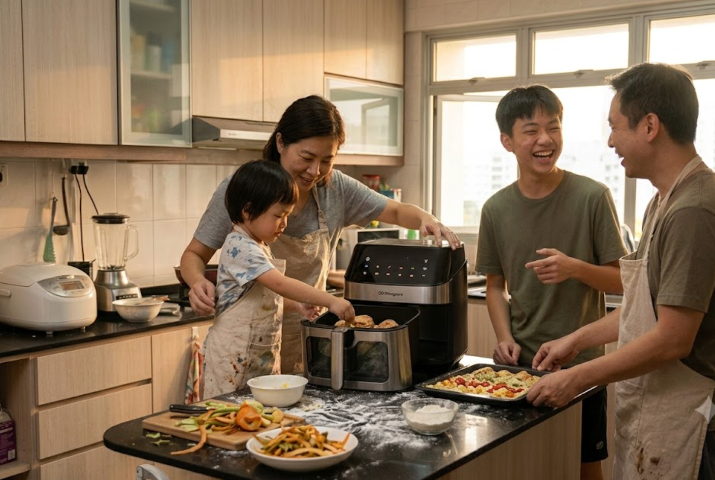 A Singapore family preparing the week's meals together around the Strongcore MAX 8L air fryer on a Sunday afternoon