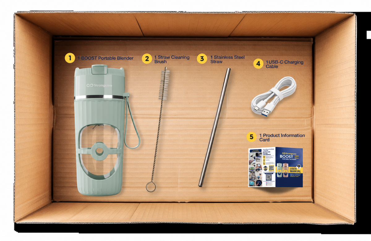 BOOST package includes blender, straw cleaning brush, stainless steel straw, USB-C charging cable and product information card, numbered 1 to 5