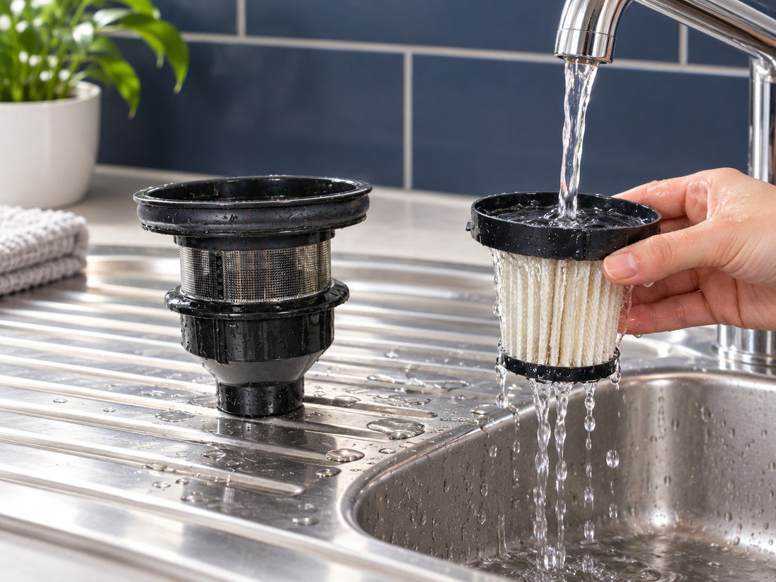 CLEAN's pleated HEPA filter being rinsed beside its separate metal-mesh pre-filter.