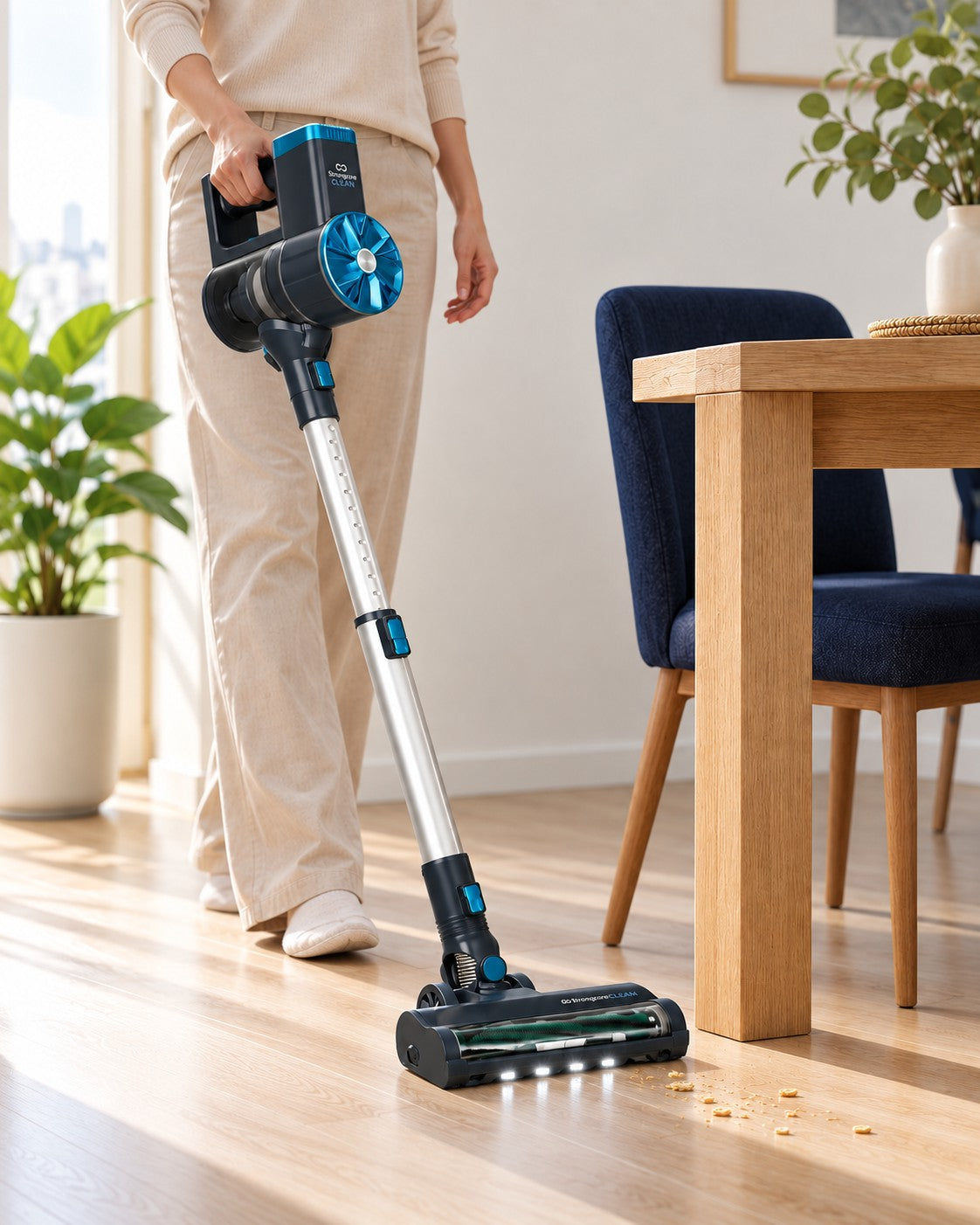 A person using CLEAN to vacuum dry crumbs beside a dining table.
