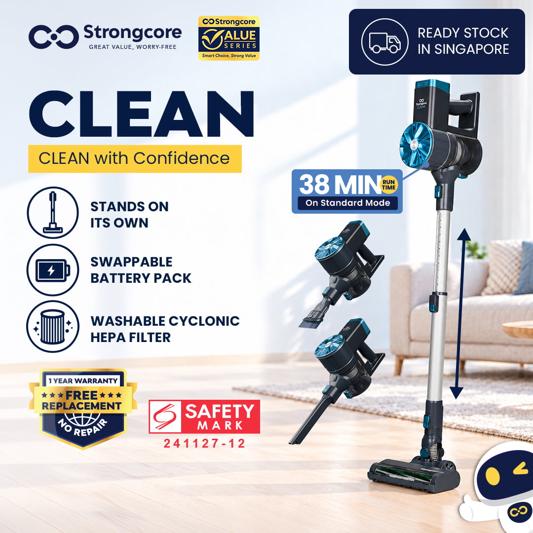 CLEAN cordless vacuum with key features and included tools