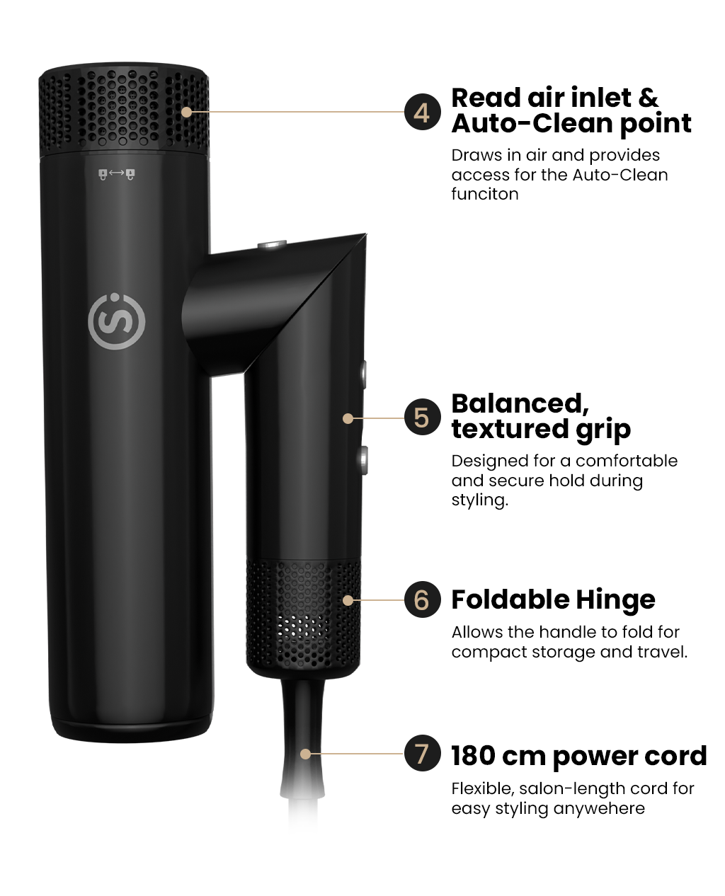 Studio Hair Dryer rear: rear air inlet and Auto-Clean point, textured grip, foldable hinge, and 180 cm power cord.