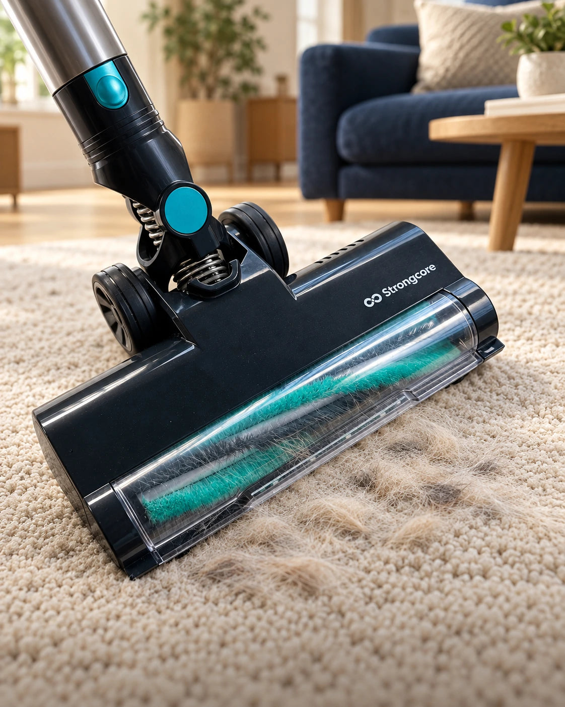 GRIT floor head on a rug with loose hair; source-led lifestyle artwork.