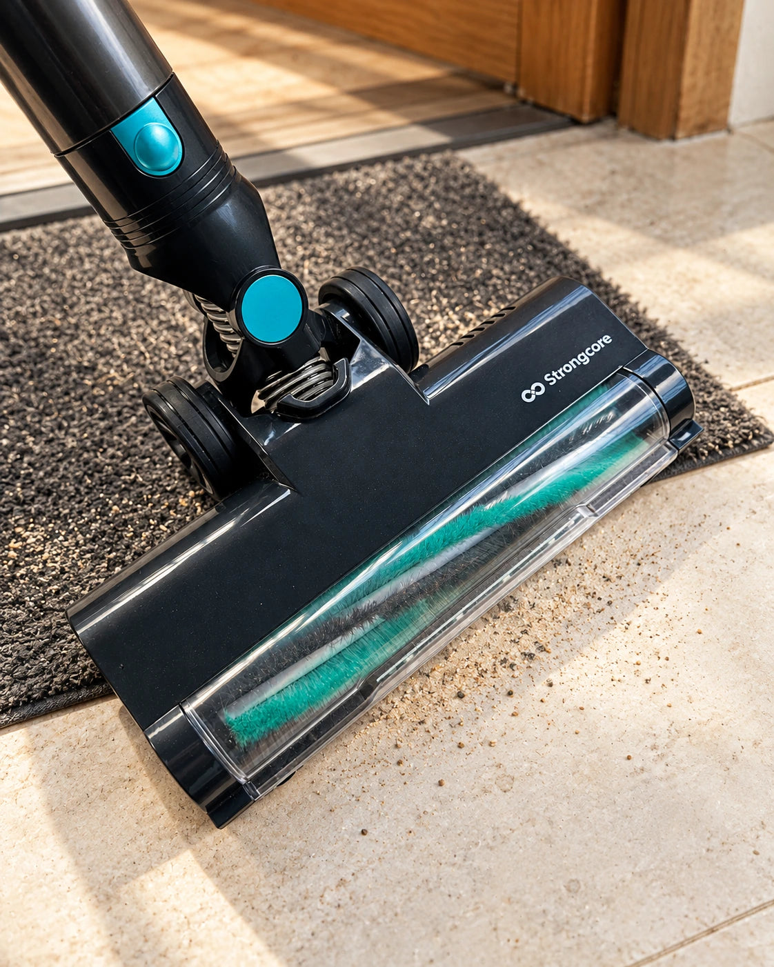 GRIT floor head on a door mat with dry sand; source-led lifestyle artwork.
