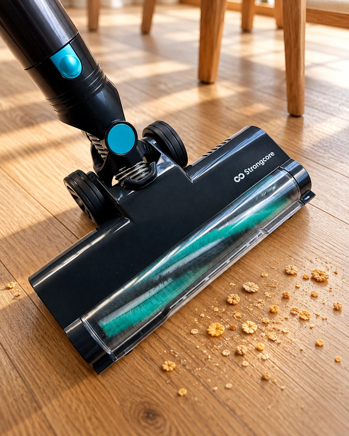 GRIT floor head cleaning dry crumbs on a wood floor; source-led lifestyle artwork.