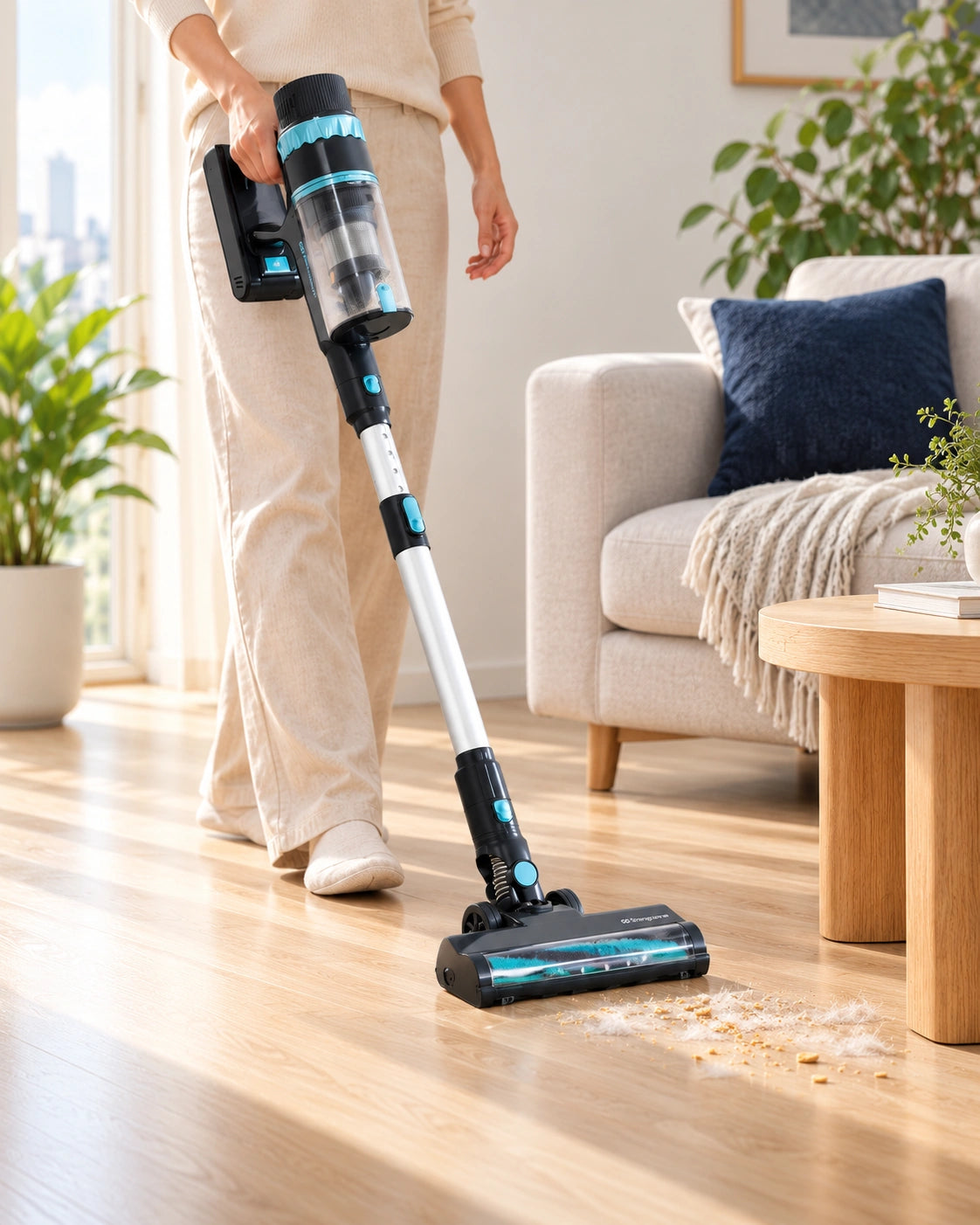 GRIT cleaning dry hair and crumbs in a warm living room; source-led lifestyle artwork.