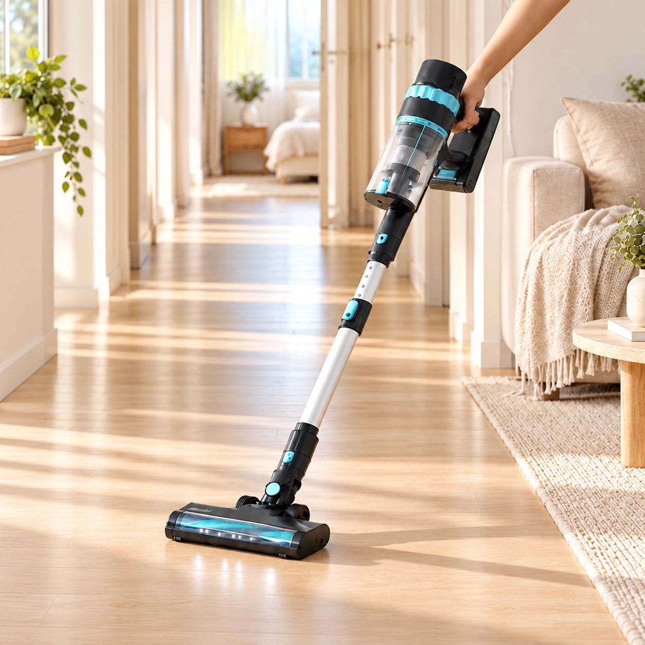 GRIT in its floor configuration moving along a bright home corridor; source-led lifestyle artwork.