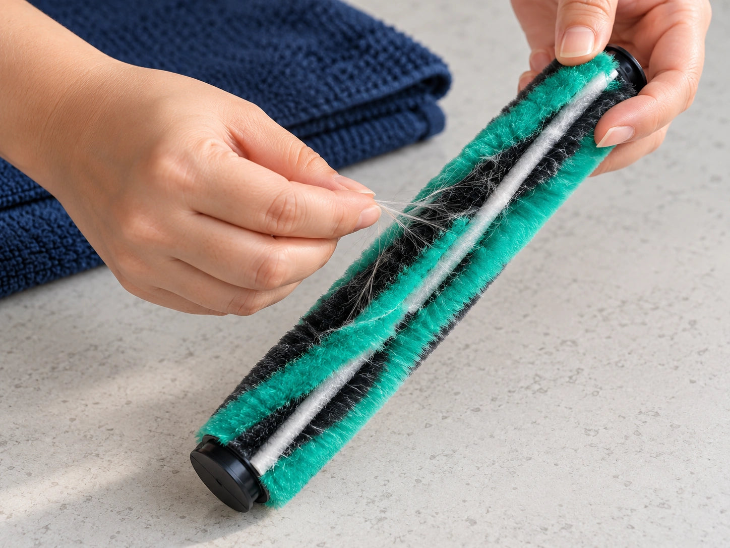 Hands clearing hair from one detached GRIT roller; source-led maintenance artwork.