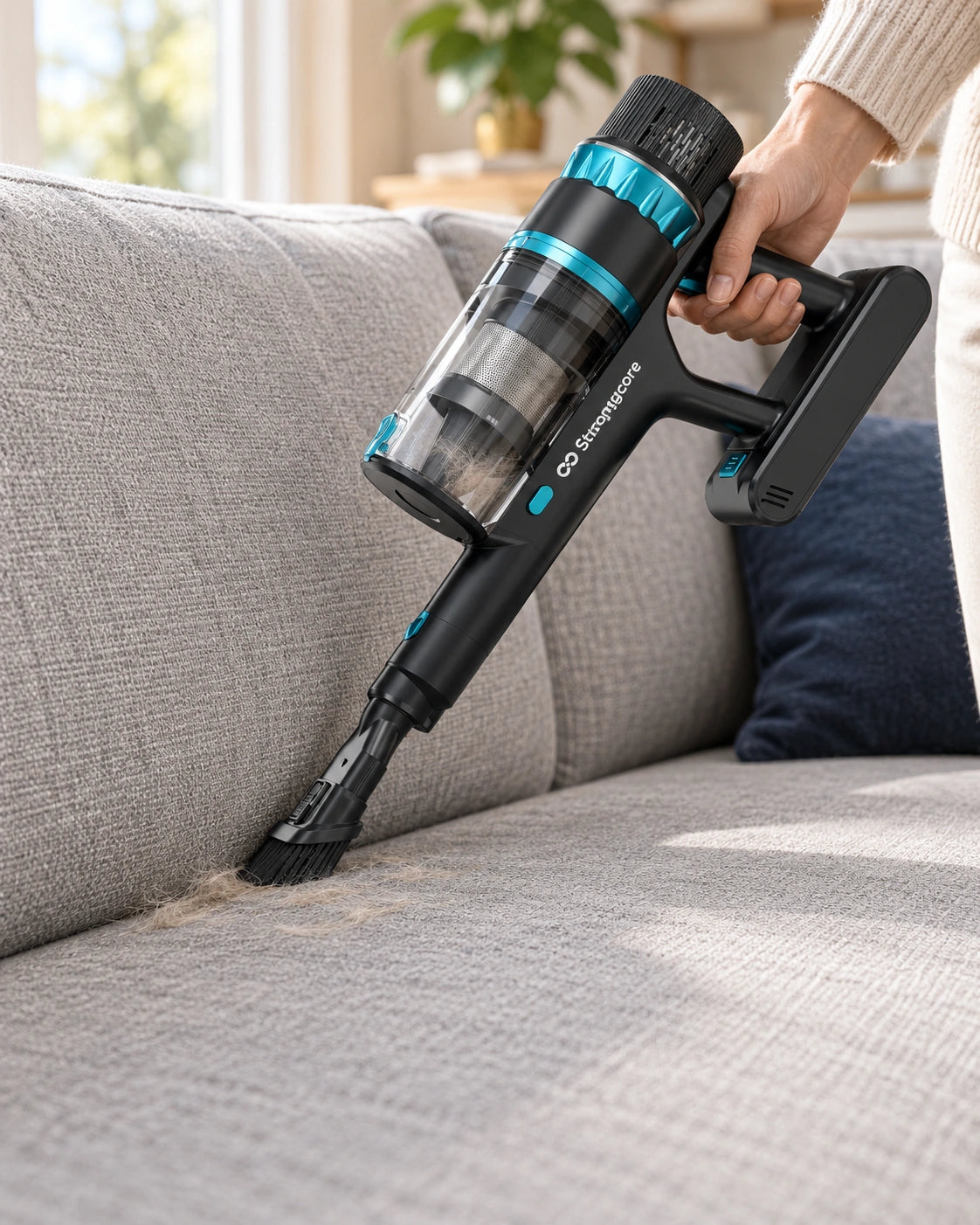 GRIT handheld with its compact bristle 2-in-1 brush cleaning a sofa seam; source-led lifestyle artwork.